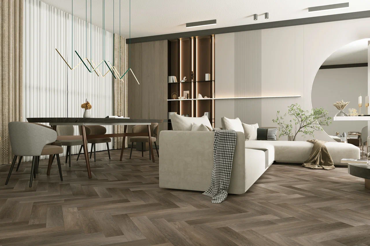 Кварцвиниловый SPC ламинат Home Expert Parquet Дуб Шоколадный 33-3011 венгерская елка 615×123×3,5 фото в интерьере
